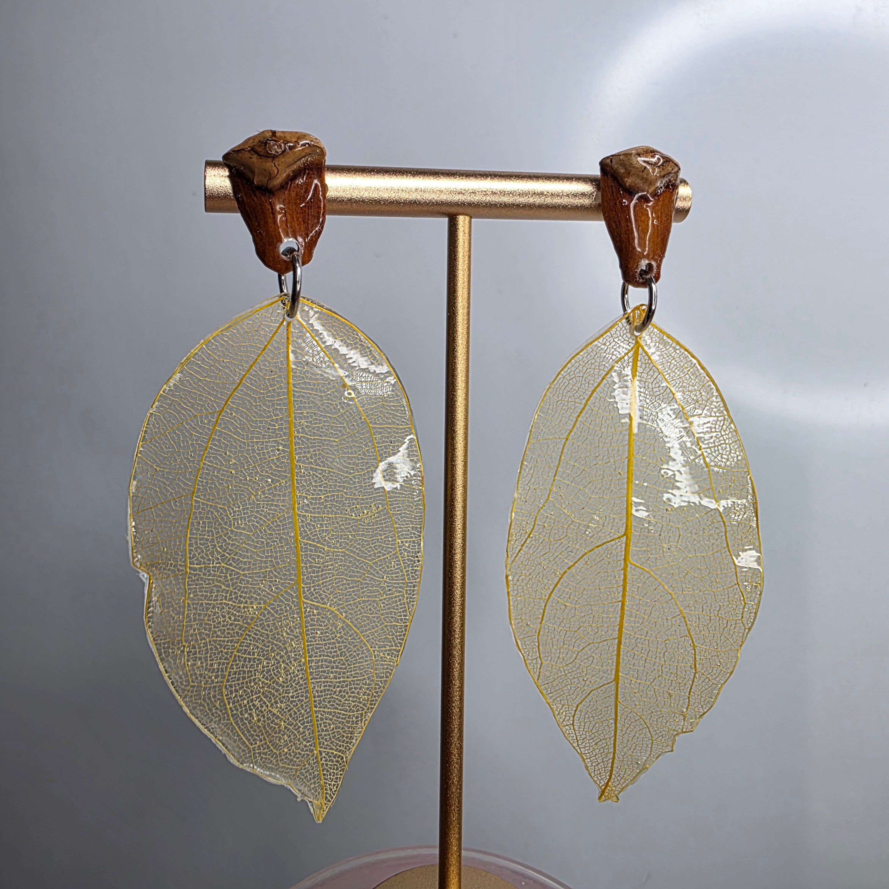 Pendientes de hoja natural esqueletizada con acabado brillante