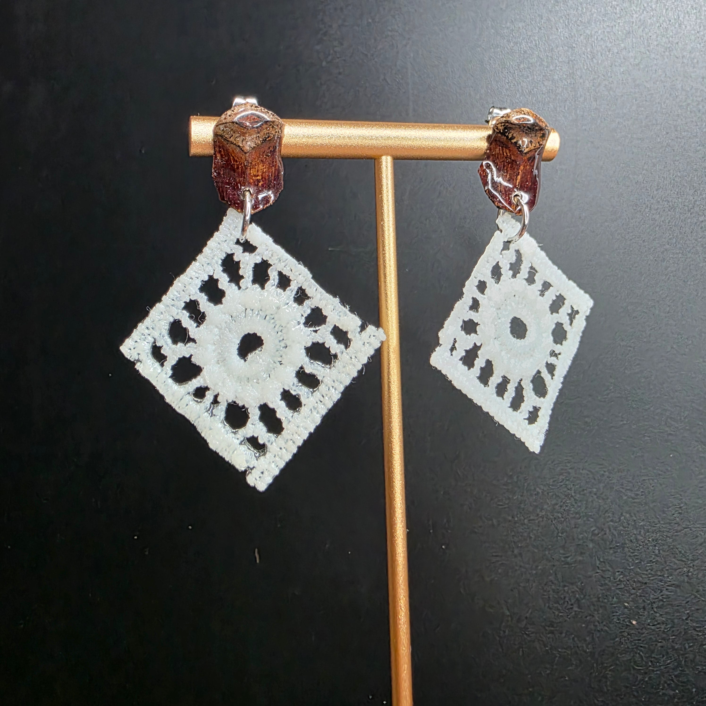 Pendientes de encaje cuadrado con acabado en resina brillante