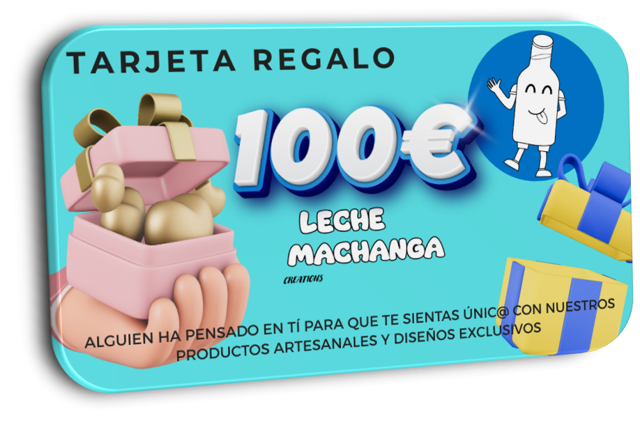 Tarjeta de regalo Machanga with 100 euros value featuring gift box and Leche Machanga branding in blue background
