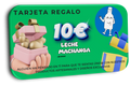 Gift card design with pink box, 10 euro value, Leche Machanga branding, and Tarjeta de regalo Machanga text.