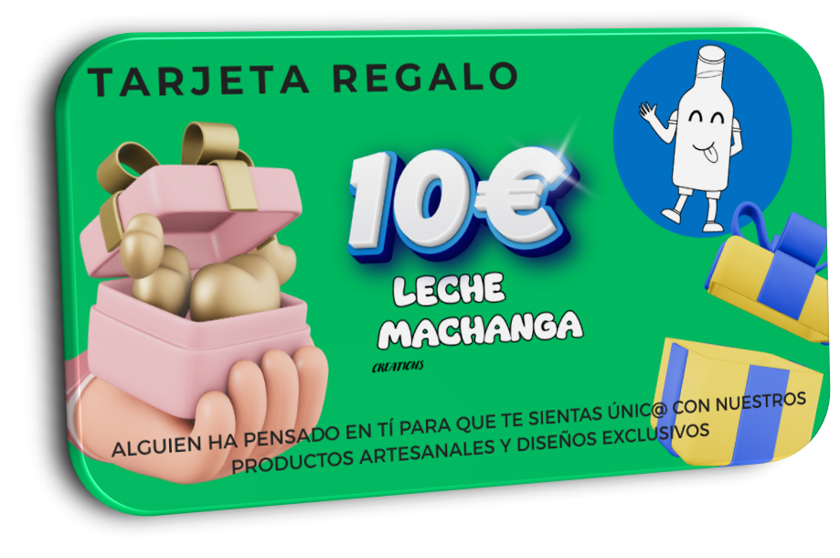 Gift card design with pink box, 10 euro value, Leche Machanga branding, and Tarjeta de regalo Machanga text.