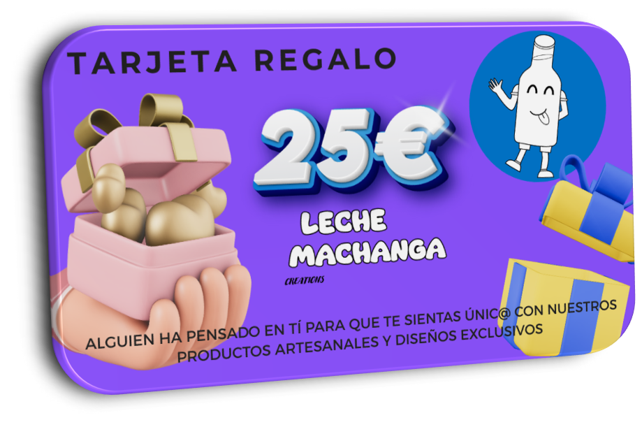 Gift card Tarjeta de regalo Machanga valued at 25 euros with colorful presents and a smiling milk bottle character.