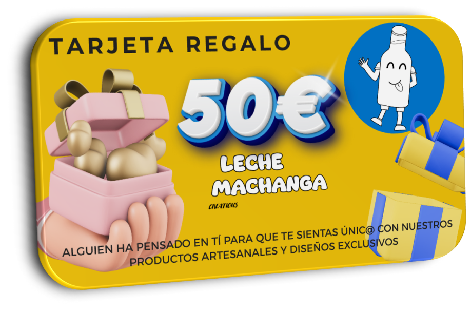 Tarjeta de regalo Machanga with 50 euros value featuring gift boxes and Leche Machanga branding design
